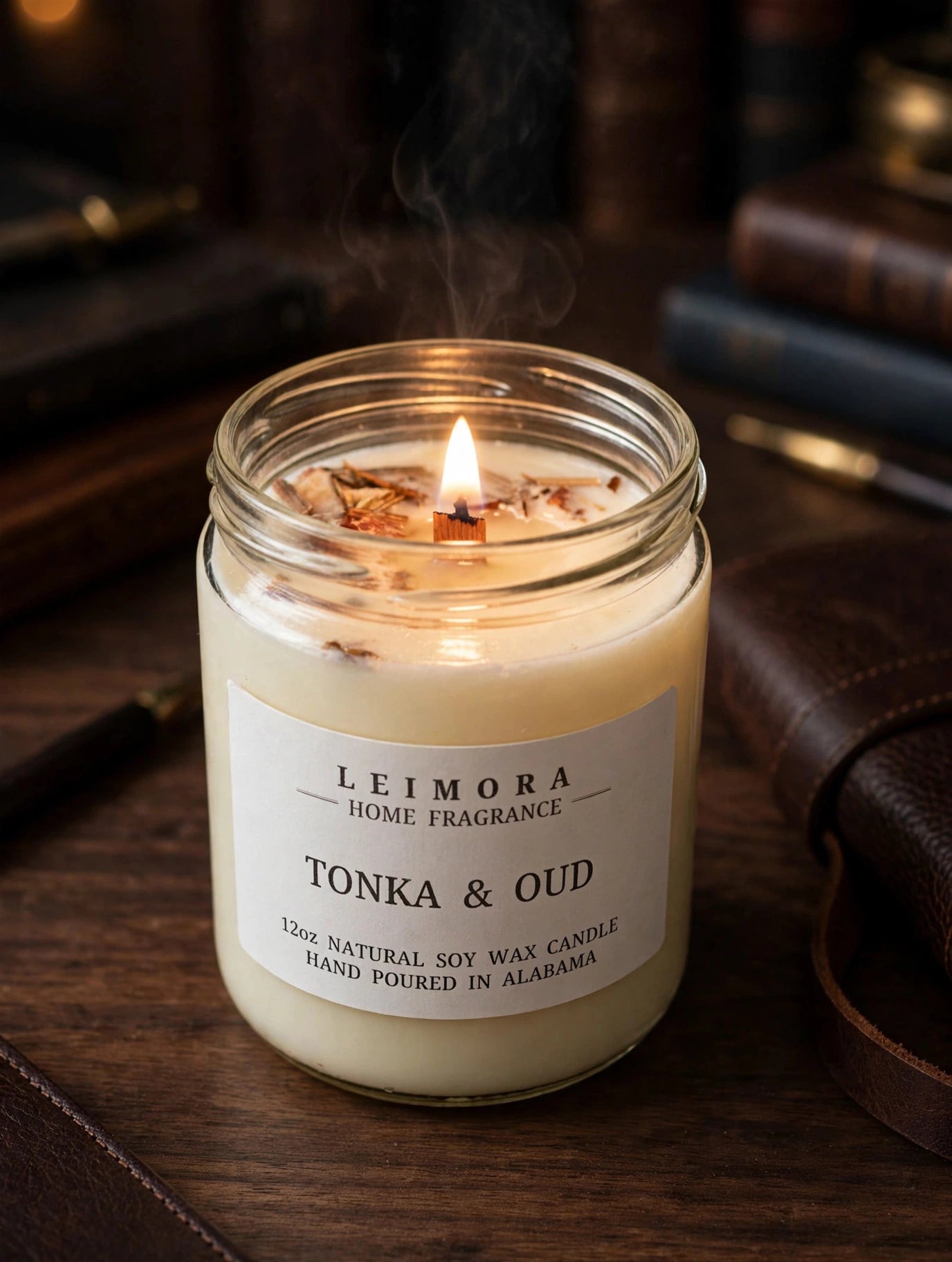 Tonka & Oud Luxury Soy Candle – Warm Resin & Smoky Wood Scent