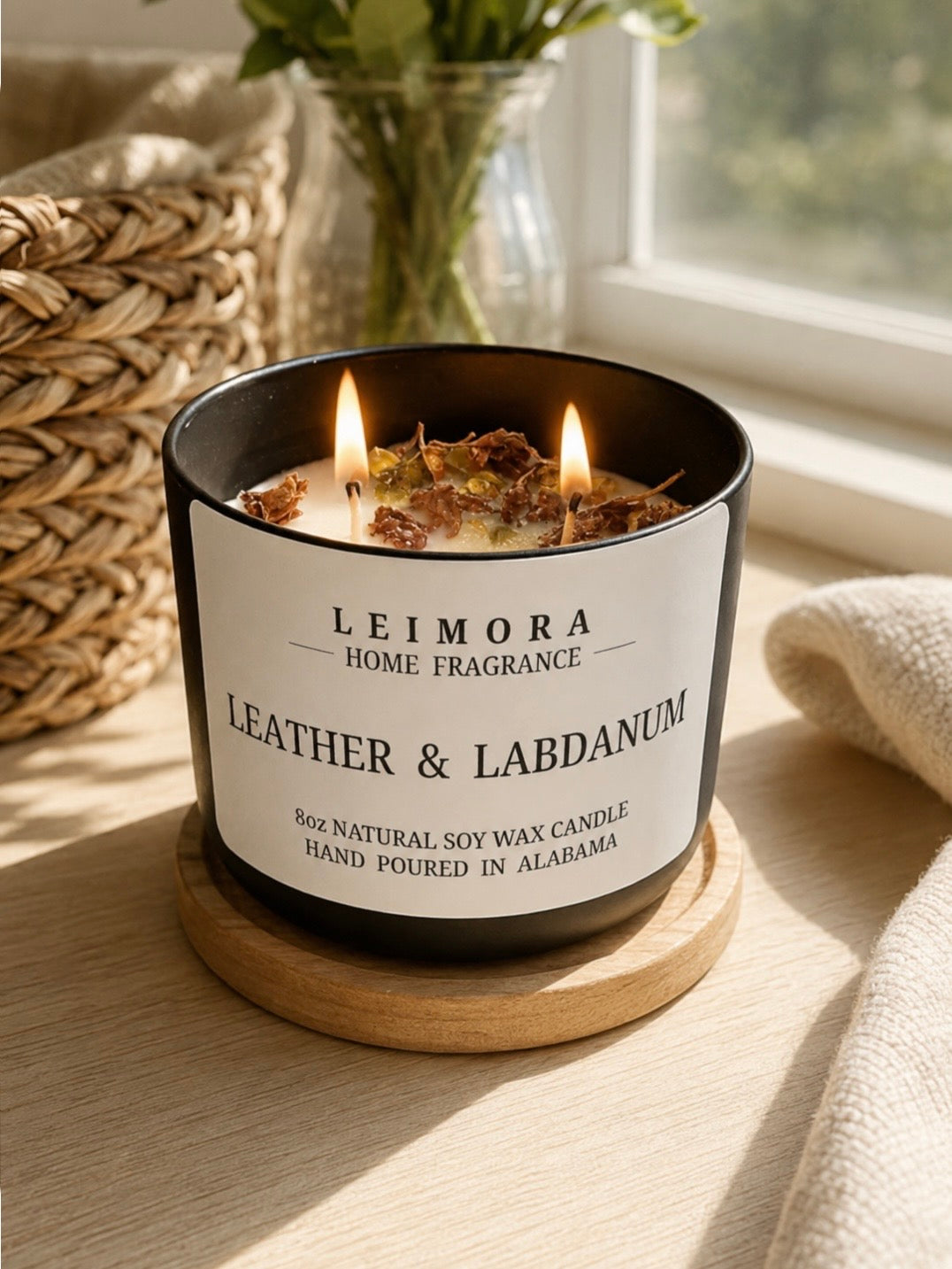Leather & Labdanum Luxury Soy Candle – Bold Leather & Smoky Amber Scent